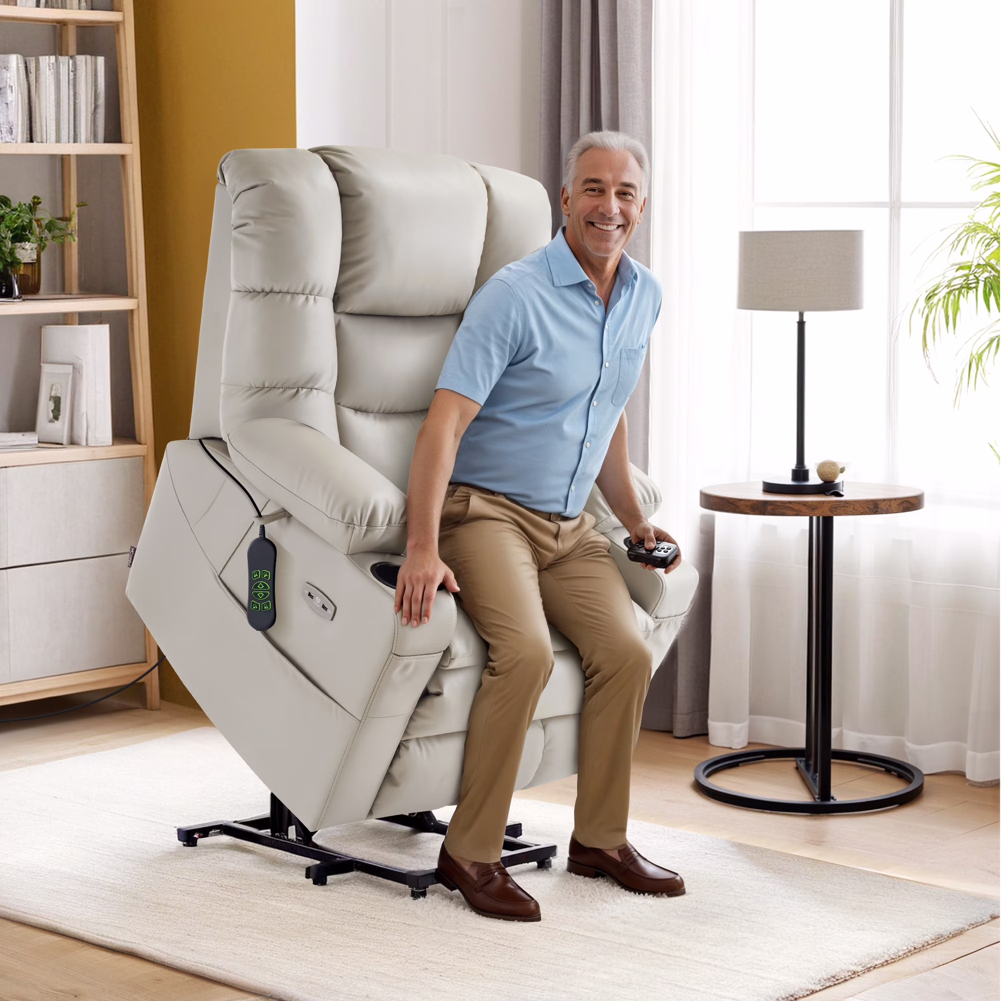 MCombo Triple Motor Power Lift Recliner for Elderly, Sleep Recliner Sofa with Adjustable Headrest, Faux Leather, Dark Brown