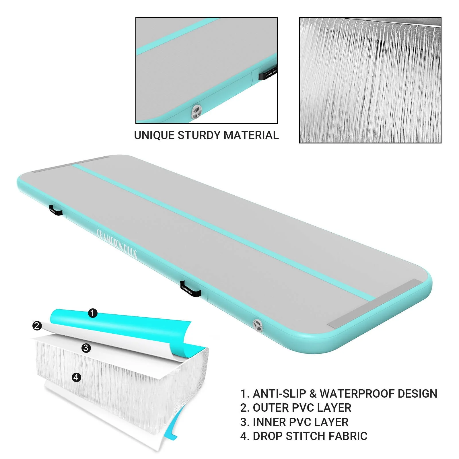 CHAMPIONPLUS Air Track 10ft 13ft 16ft 20ft Inflatable Air Tumble Track Gymnastics Tumbling Mat 4in 8in Thick Mats for Home Use/Training/Cheerleading/Water/Yoga Electric Air Pump, Mint Green 10ft 4in