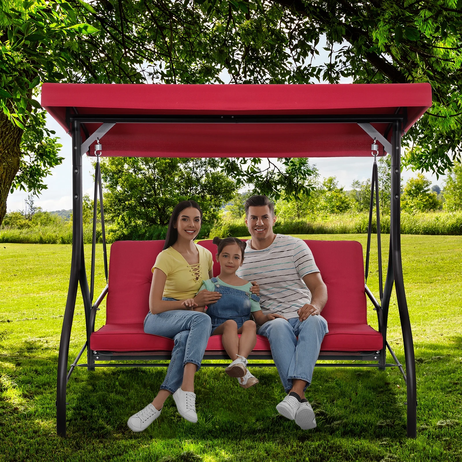 Pirecart 3 Person Patio Porch Swing Outdoor Converting Swing Glider Hammock with Adjustable Canopy, Cushions, Red