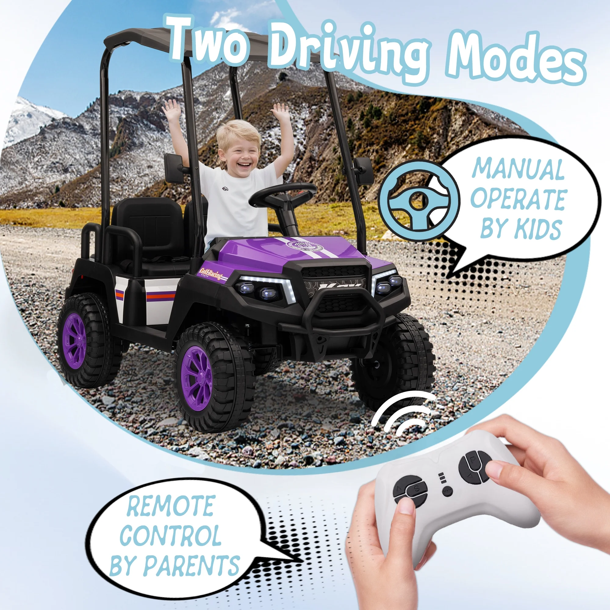 24V XL Kids Ride on Golf Cart, Electric Car w/Remote Control, Detachable Awning, 4 Seats, 3 Speeds, LED Lights, Spring Suspension, Bluetooth, Audio, Blue