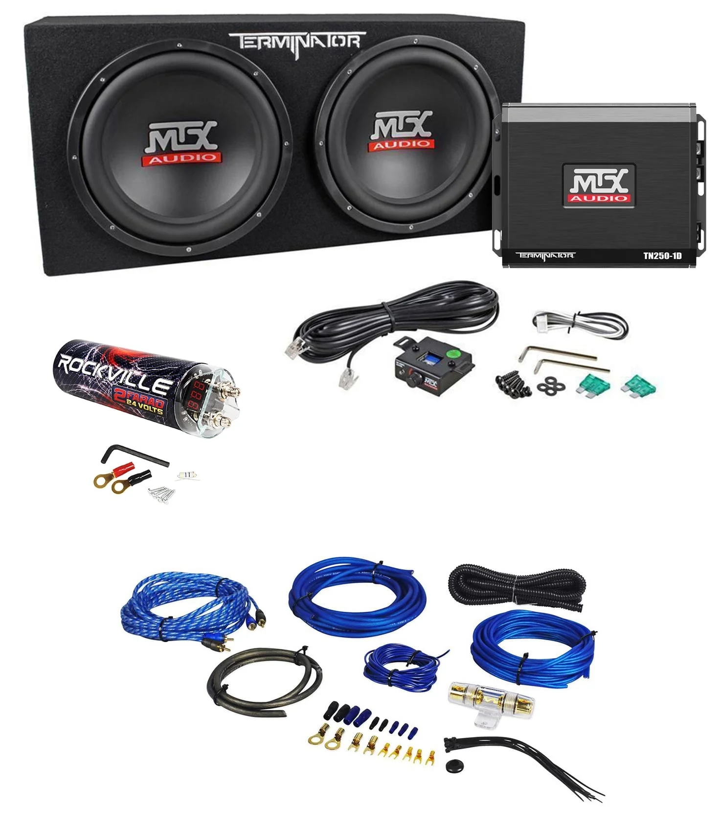 MTX Terminator TNP212D2 Dual 12�?Subwoofers+Enclosure+Amp Kit+2 Farad Capacitor