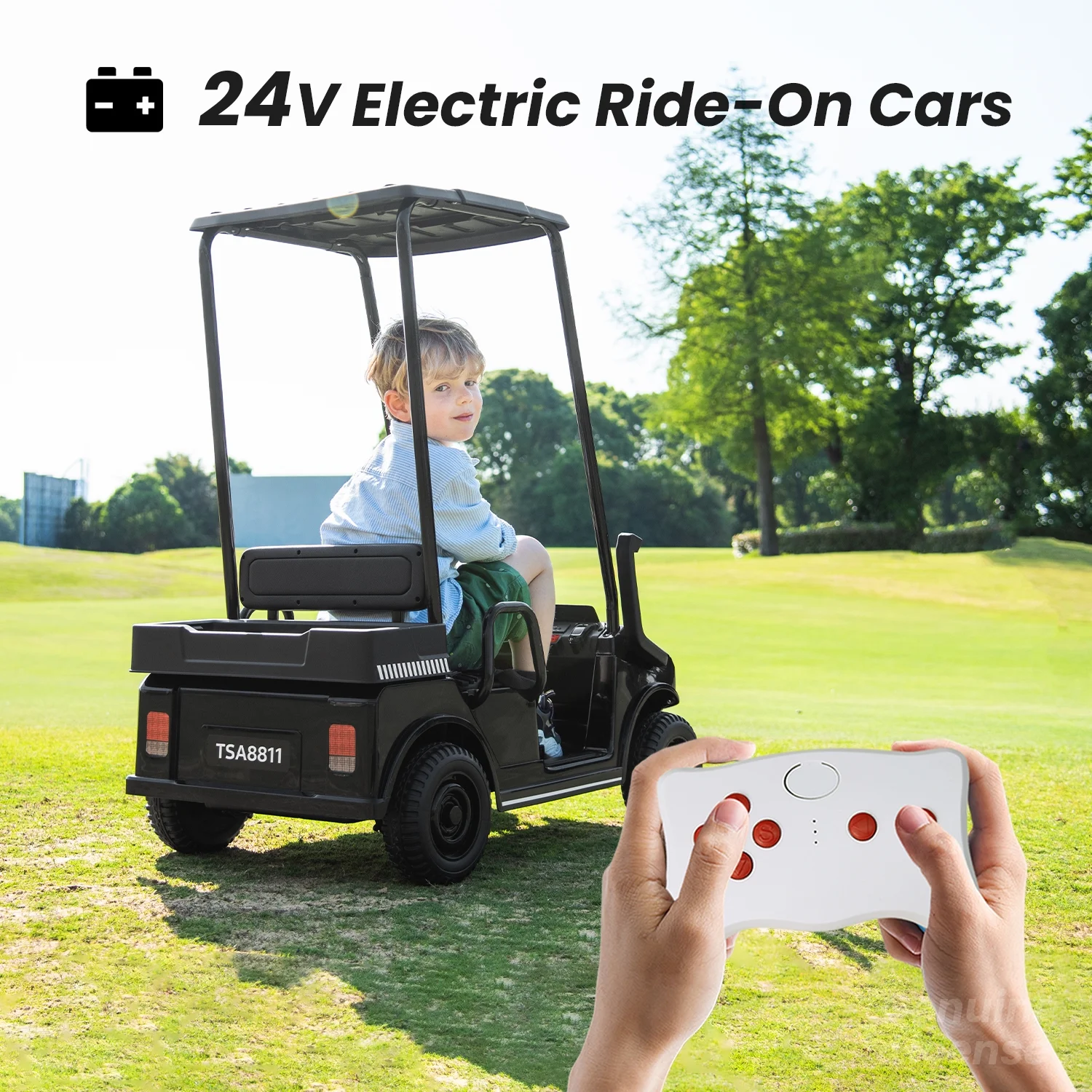 Track Seven 24V Ride on Car, Electric Golf Cart with Ceiling, Ride on Truck with Remote Control, Music, Rear Storage Box, Electric Car for Boys Girls Age 3+, 18.5