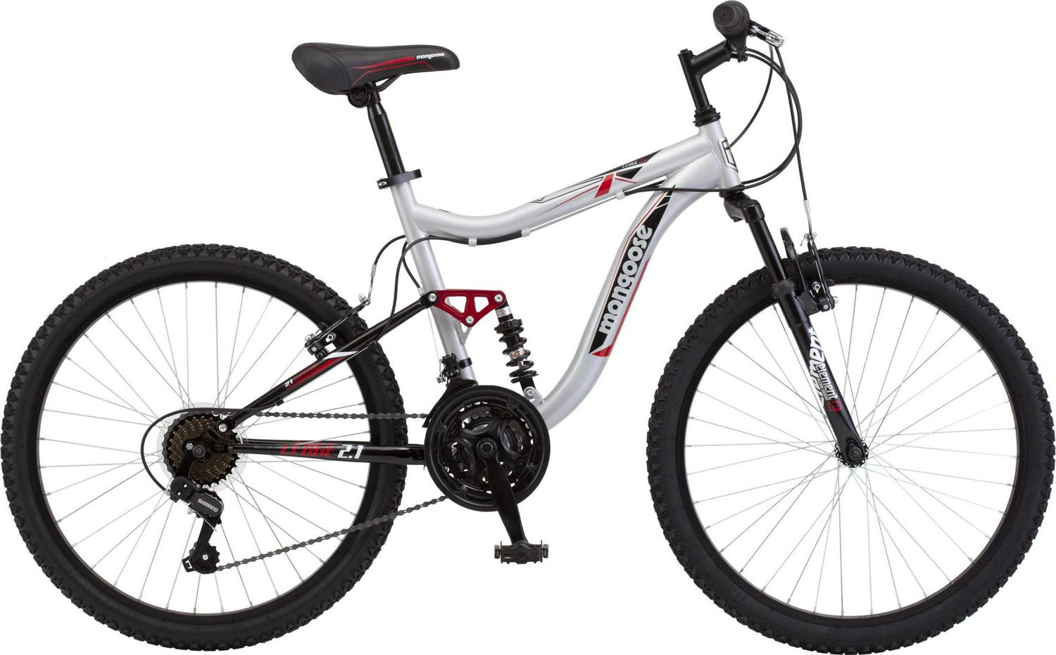Mongoose Ledge 2.1 Mountain Bike. 24-inch wheels. 21 speeds. boys frame. Silver/Red